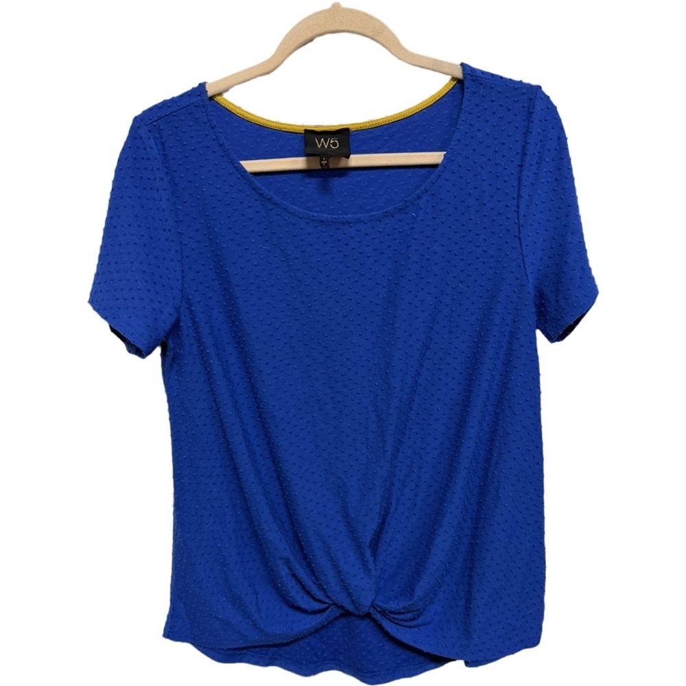 W5 Royal Blue Swiss Dot Twist Front Top Women's Size Small Made USA Short Sleeve